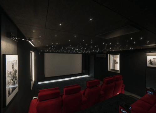 Salle de cinema privée rouge 7 places, plafond LED étoilé