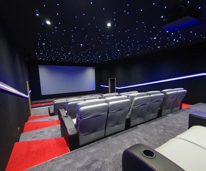 Cinema room highlighting the carpeting of a private cinema room