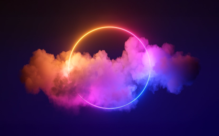 3D rendering, abstract cloud illuminated by a neon light ring against a dark night sky. Glowing geometric shape, round frame