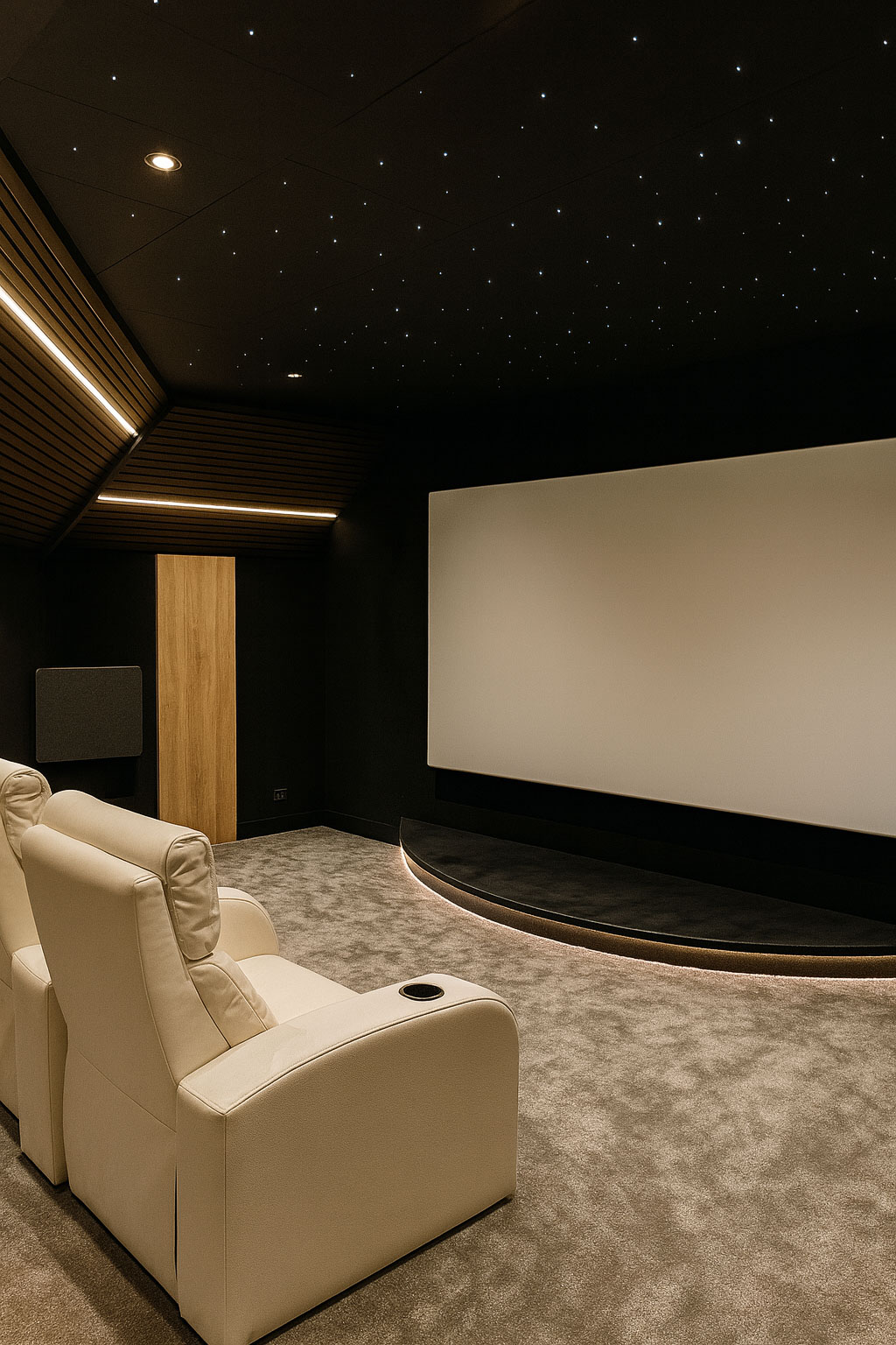 Écran de projection de 2,70 m avec avant-scène courbe et plafond étoilé