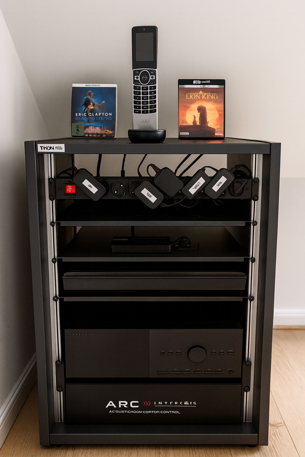 Meuble technique avec amplification Anthem, sources vidéo et télécommande de cinéma privé