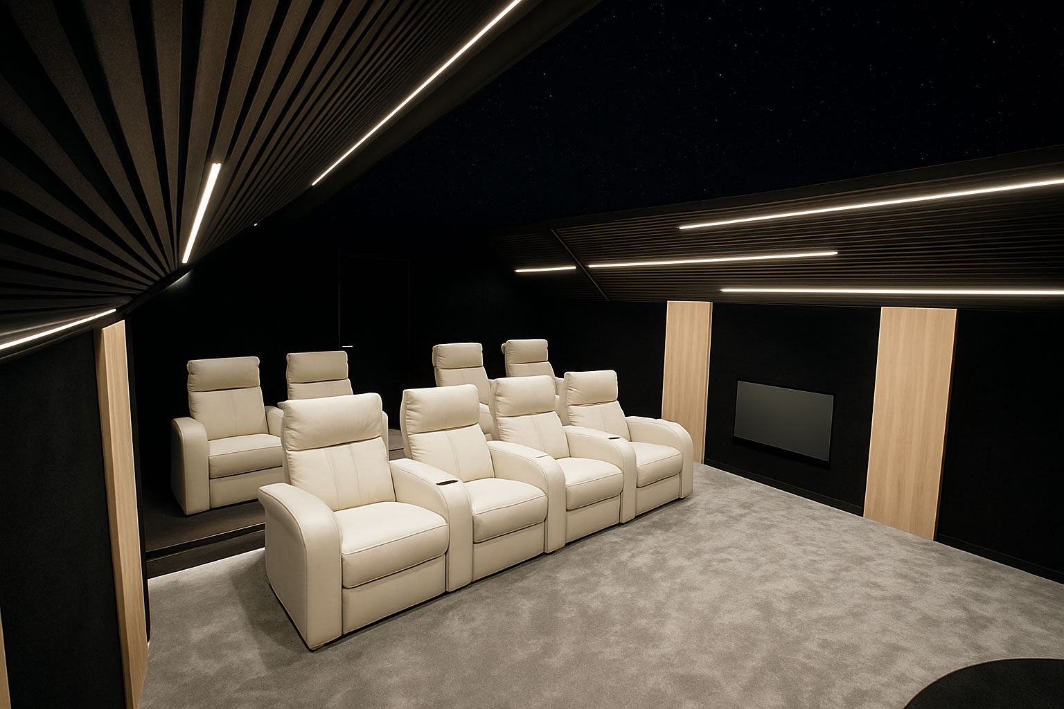 Fauteuils clairs installés sur une estrade rétroéclairée dans une salle de cinéma privée