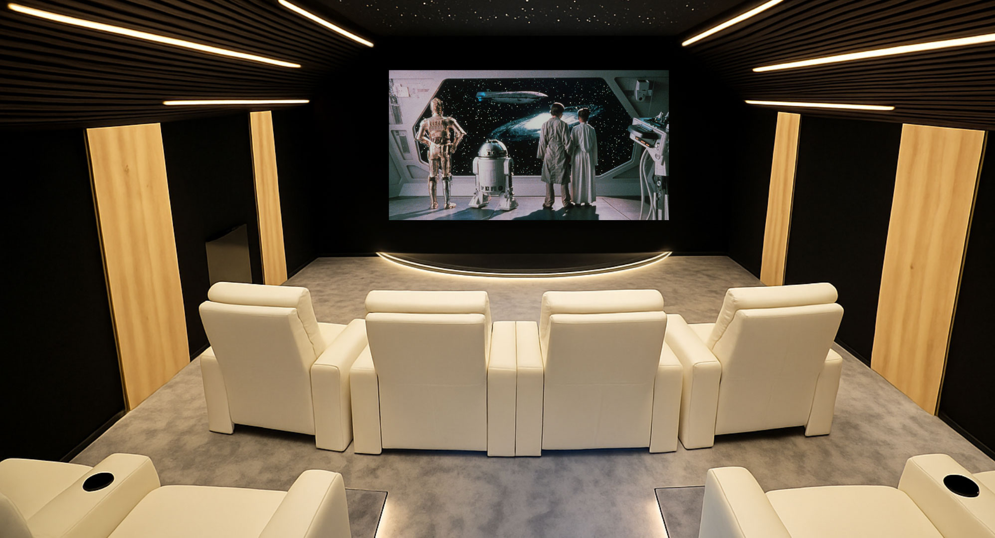 Vue générale d’une salle de cinéma privée à Biarritz avec huit fauteuils répartis sur deux rangées