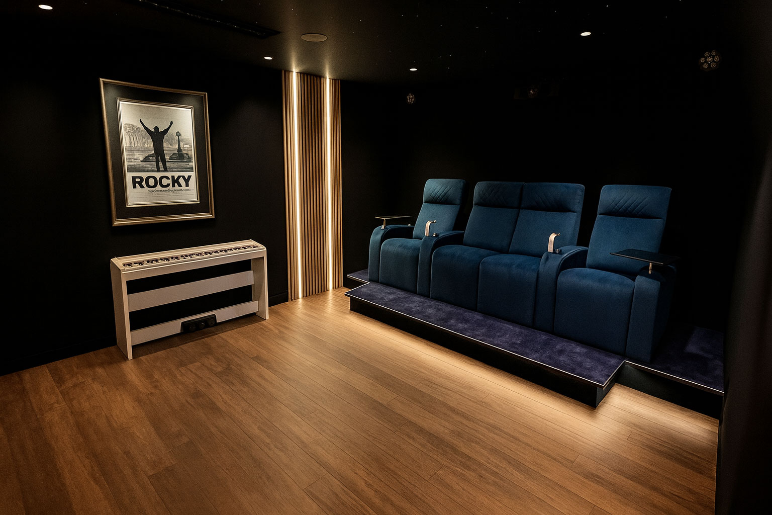 Salle de cinéma privée à Bordeaux avec quatre fauteuils relax bleus installés sur une estrade éclairée