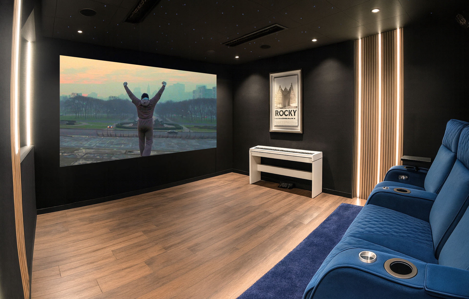 Écran de 3 mètres et vidéoprojecteur 4K dans une salle de cinéma privée à Bordeaux