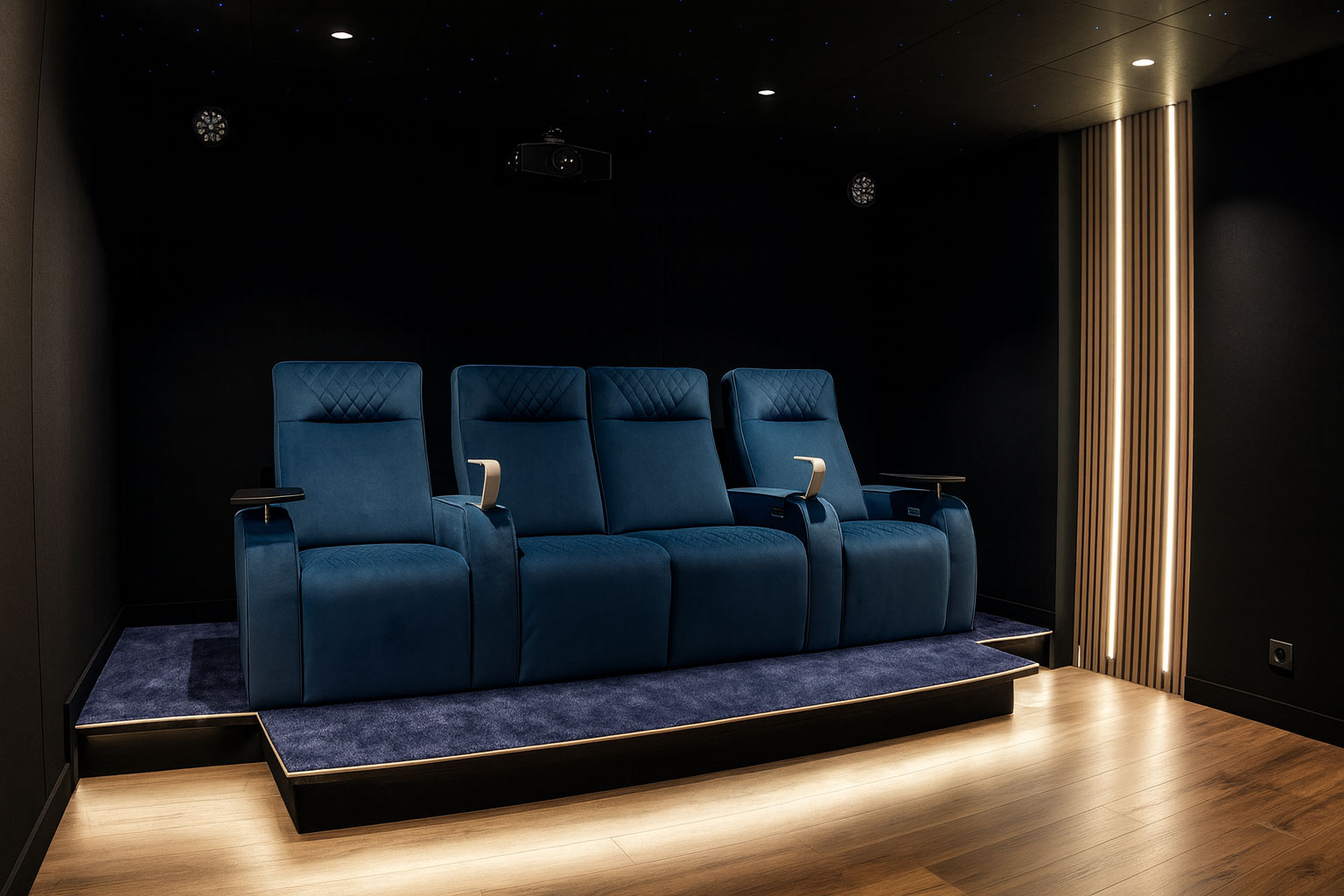 Fauteuils relax en velours bleu pour cinéma privé