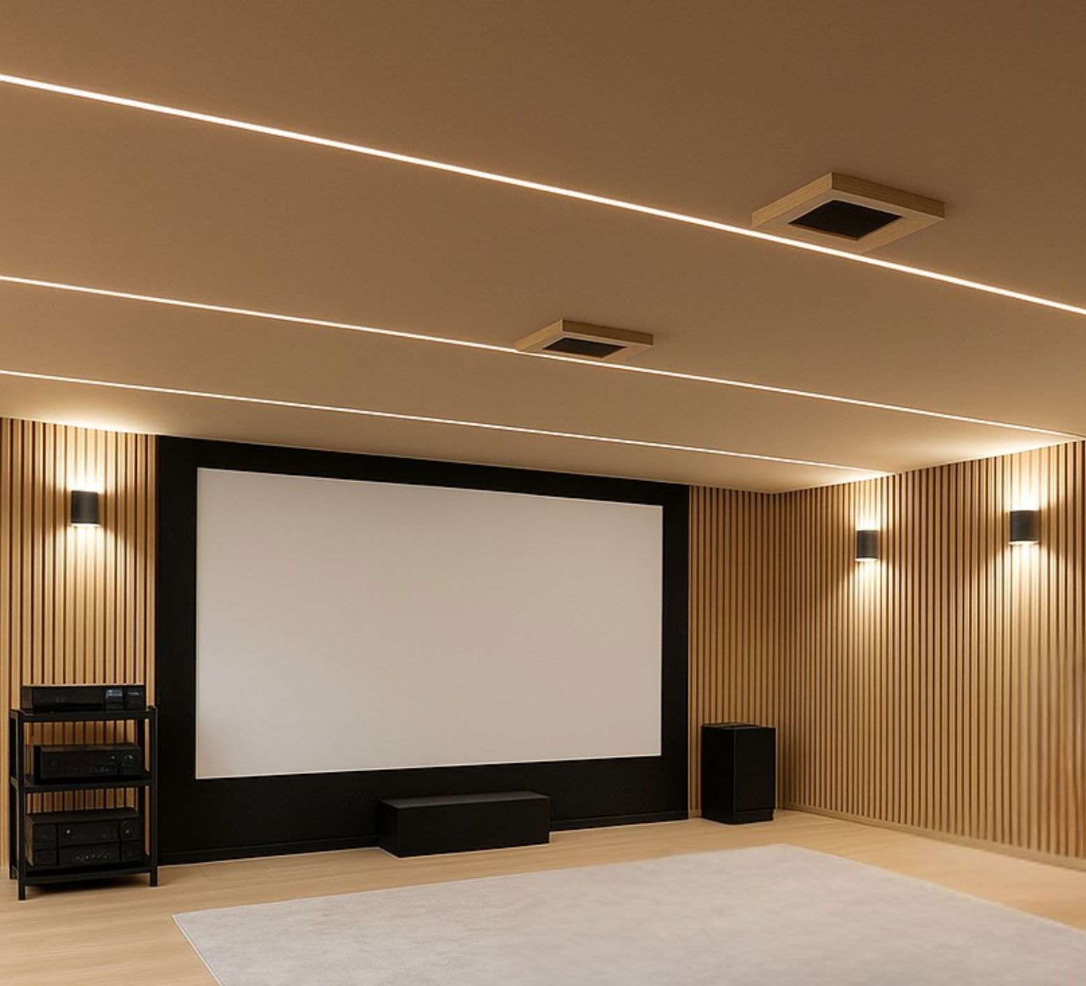 Plafond acoustique en tissu tendu avec lignes LED et enceintes Dolby Atmos intégrées