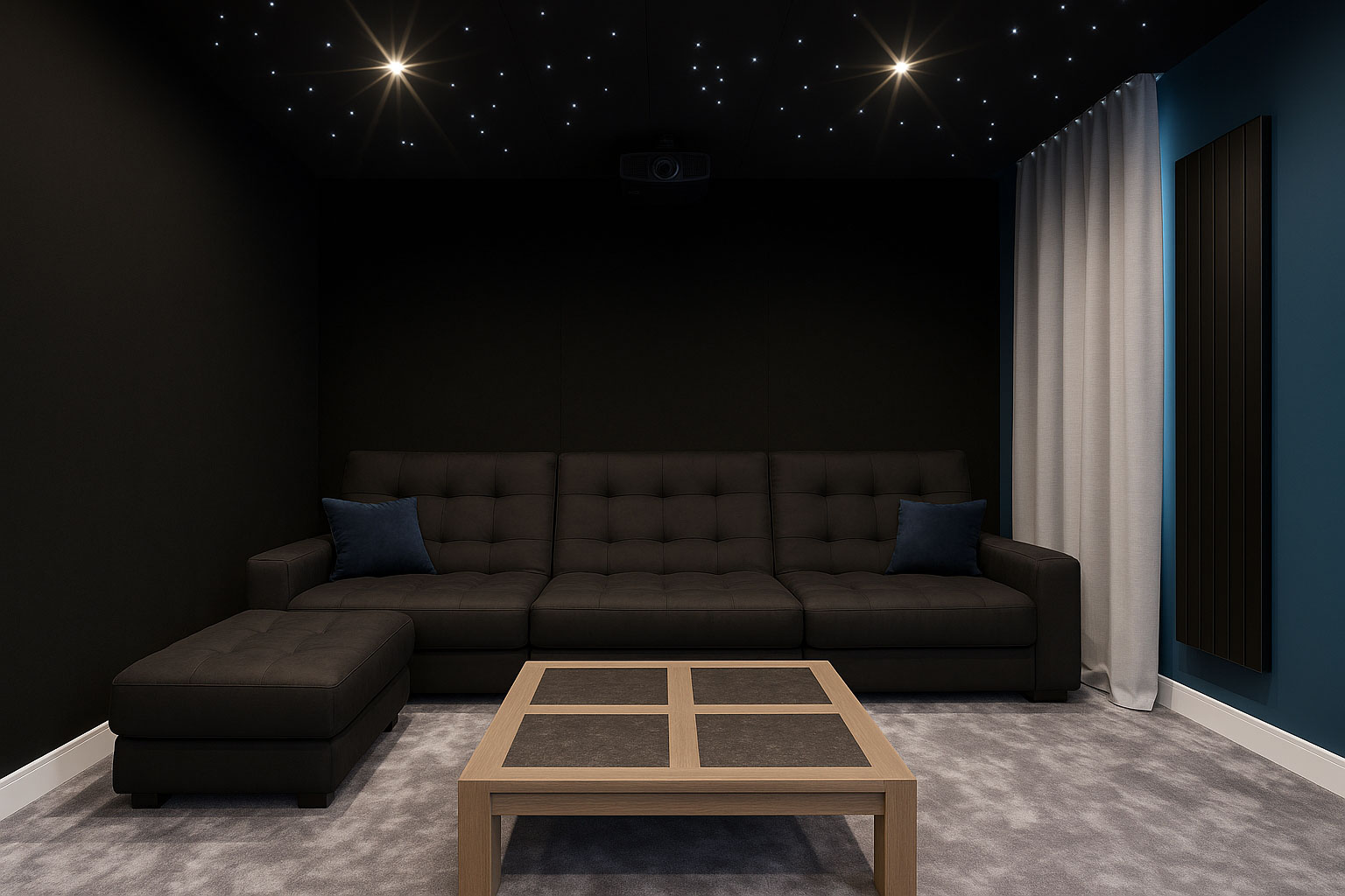 Grand canapé noir, méridienne et vidéoprojecteur Sony dans un salon cinéma à Reims