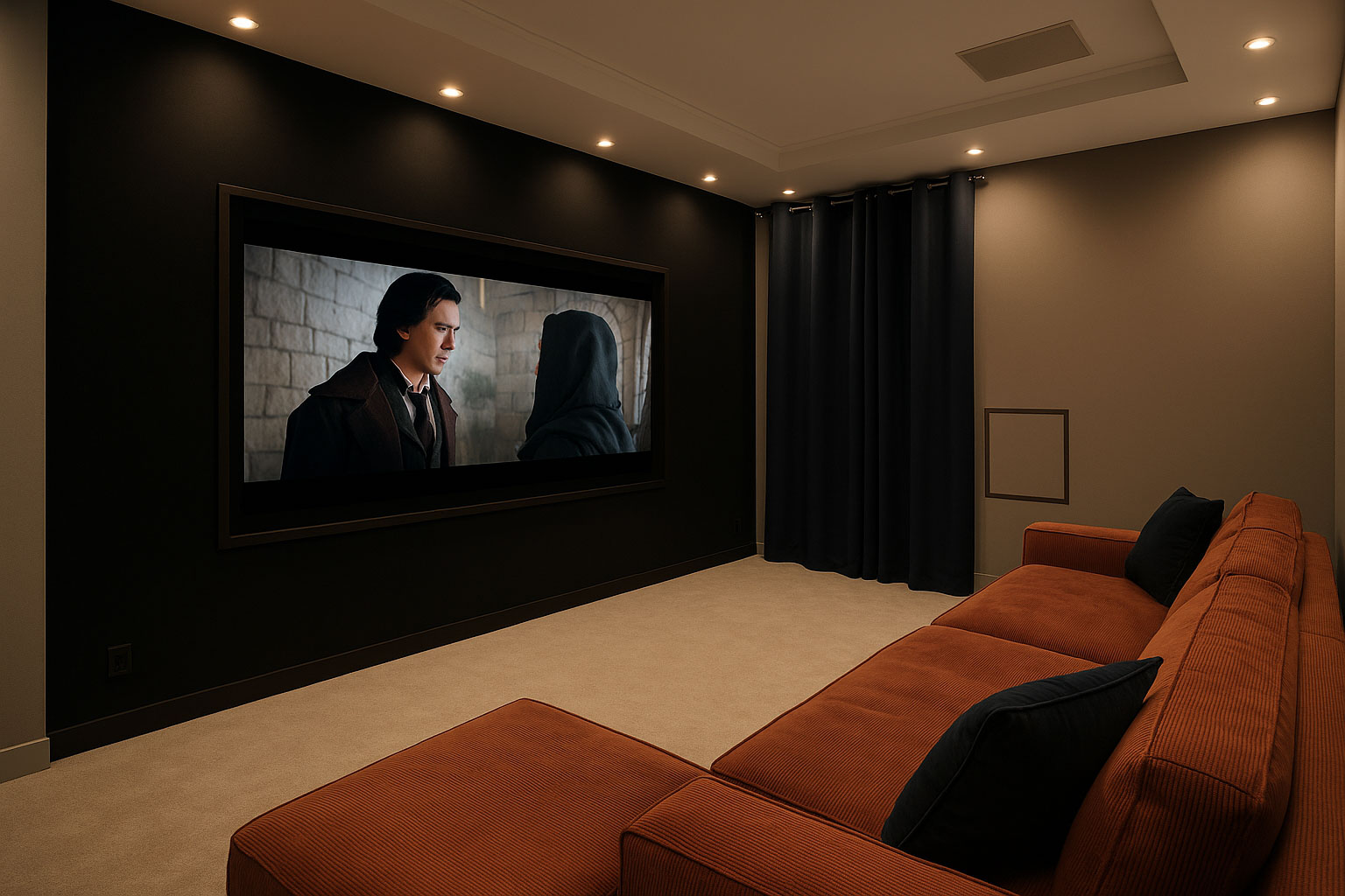 Télévision Sony de 75 pouces face à un canapé terracotta dans un salon cinéma à Saint-Étienne