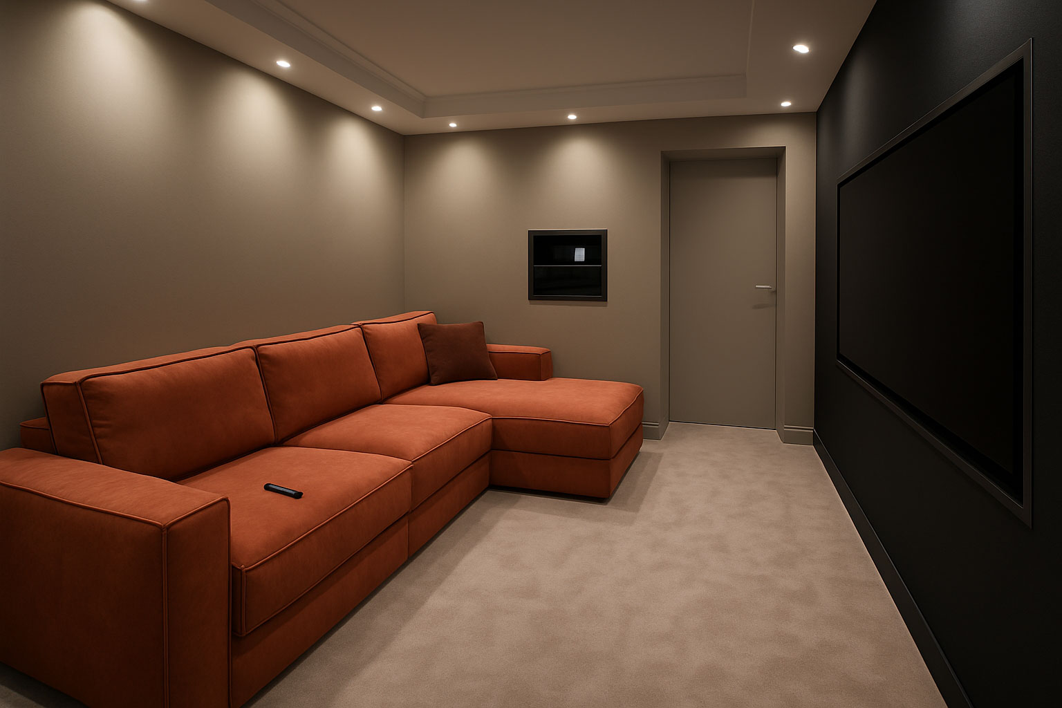 Grand canapé d’angle terracotta avec méridienne dans un salon cinéma à Saint-Étienne