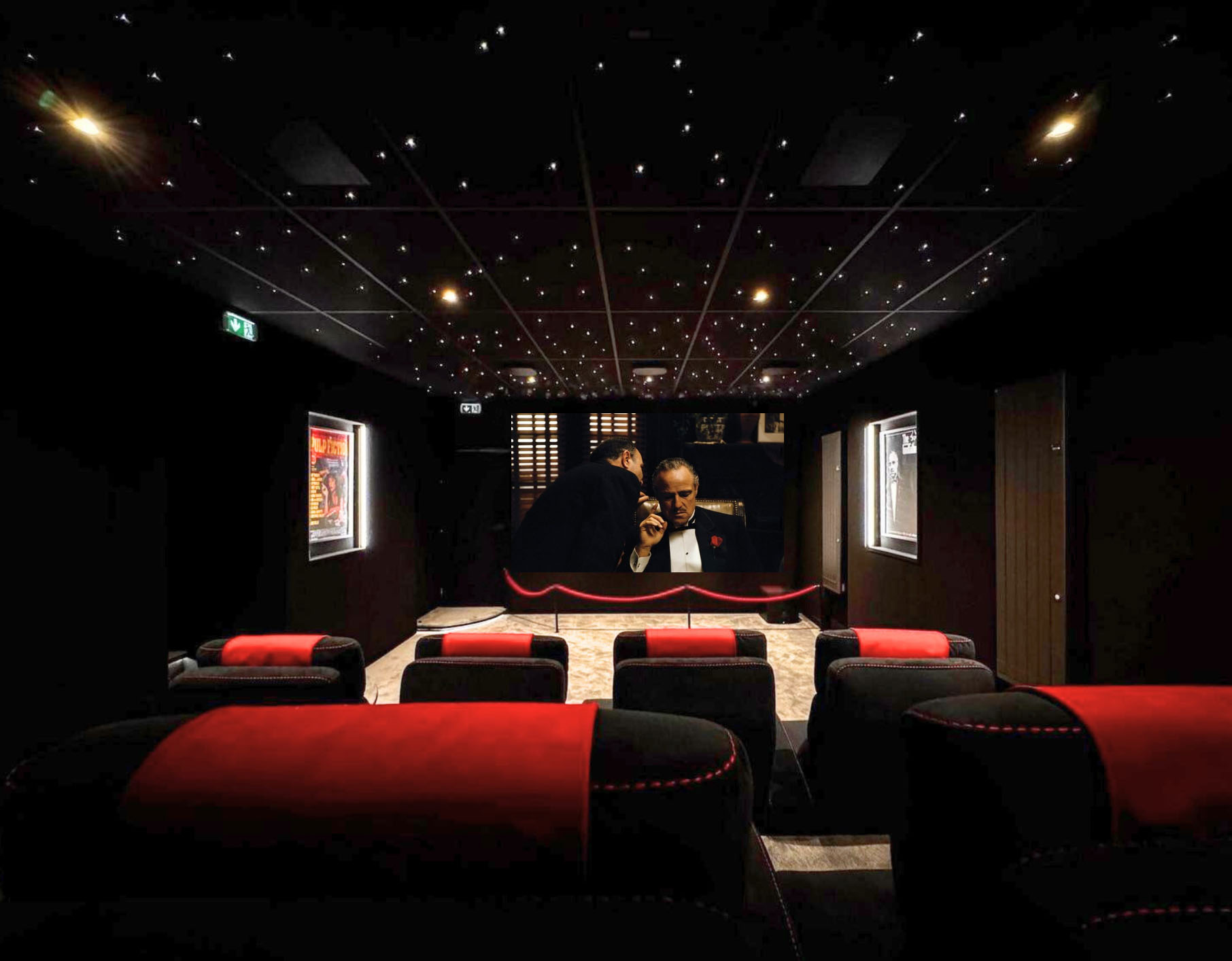 Salle cinéma privée à Strasbourg de 40 m² avec 15 fauteuils et plafond ciel étoilé