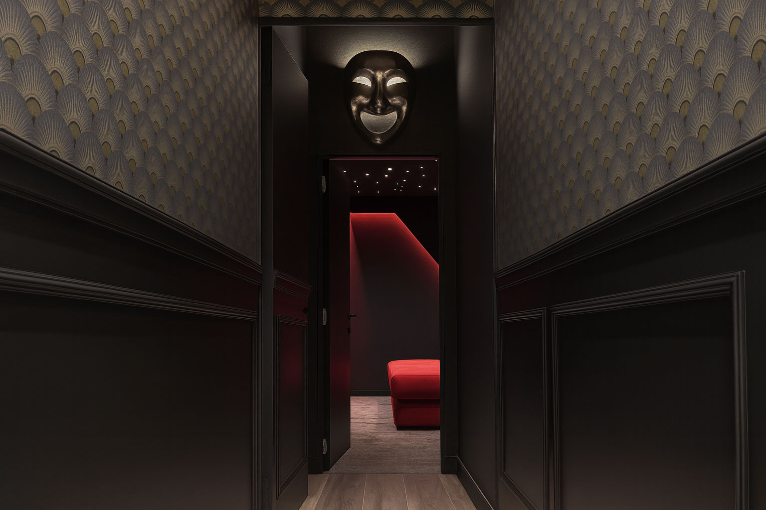 Couloir d’entrée Art déco menant à une salle de cinéma privée à Toulon