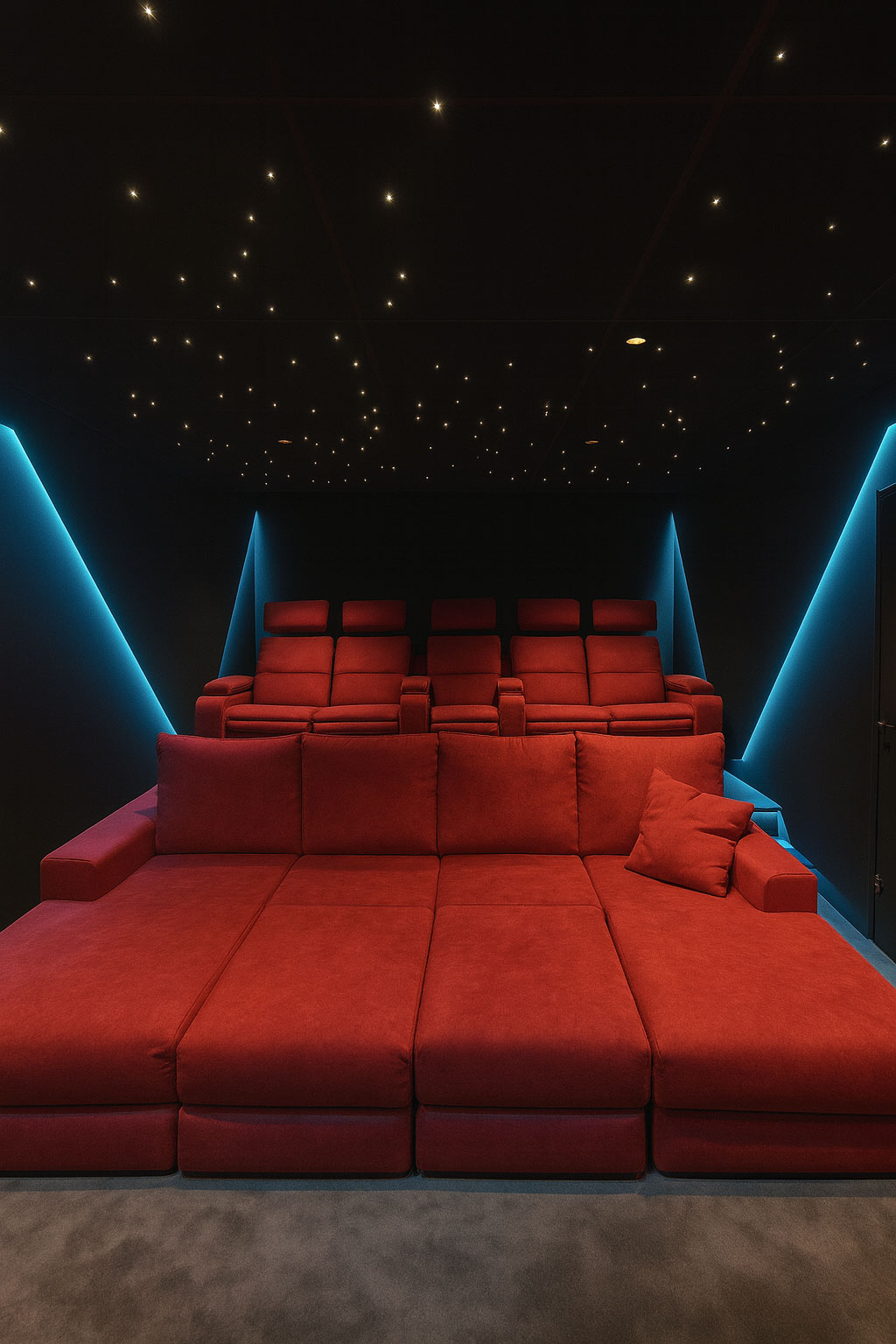Plafond étoilé et lignes LED bleues dans une salle de cinéma privée à Toulon