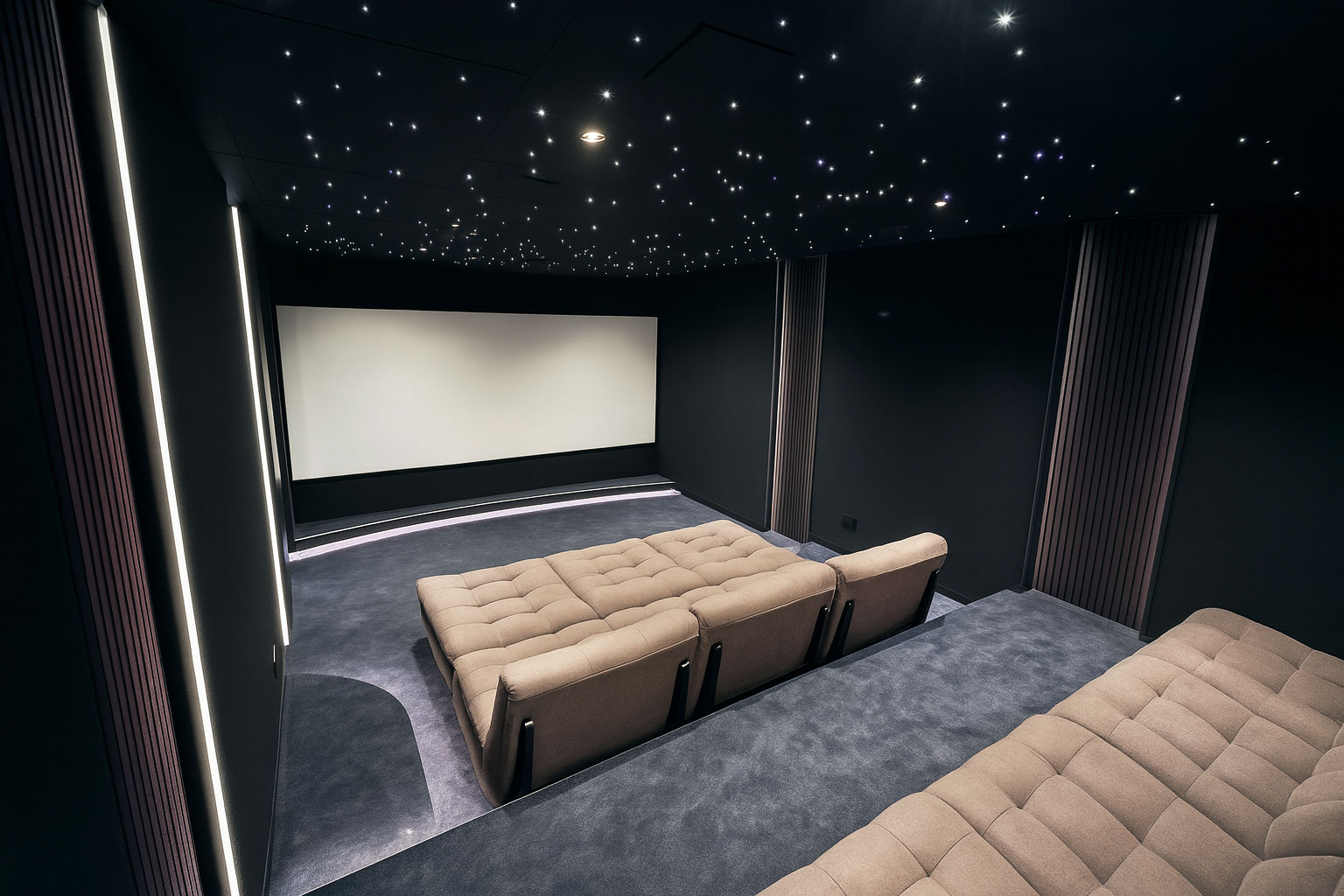 Salle cinéma privée à Toulouse avec chauffeuses en velours, ciel étoilé et panneaux lamellés rétroéclairés